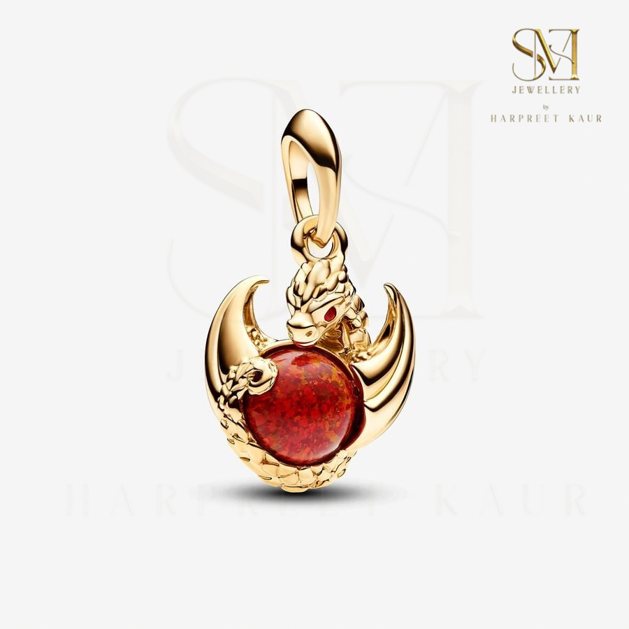 Unleash the power within with our fierce dragon charm, embracing a fiery red gemstone – a symbol of strength, passion, and timeless elegance.”