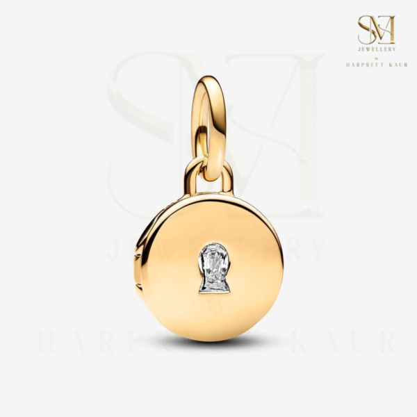 Unlock the secrets of your heart with this stunning golden locket charm, holding a sparkling surprise inside!”