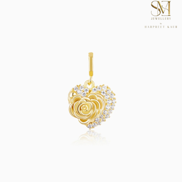 Express your love with our elegant gold heart charm, adorned with a blooming rose and surrounded by shimmering stones – a timeless symbol of beauty and affection.