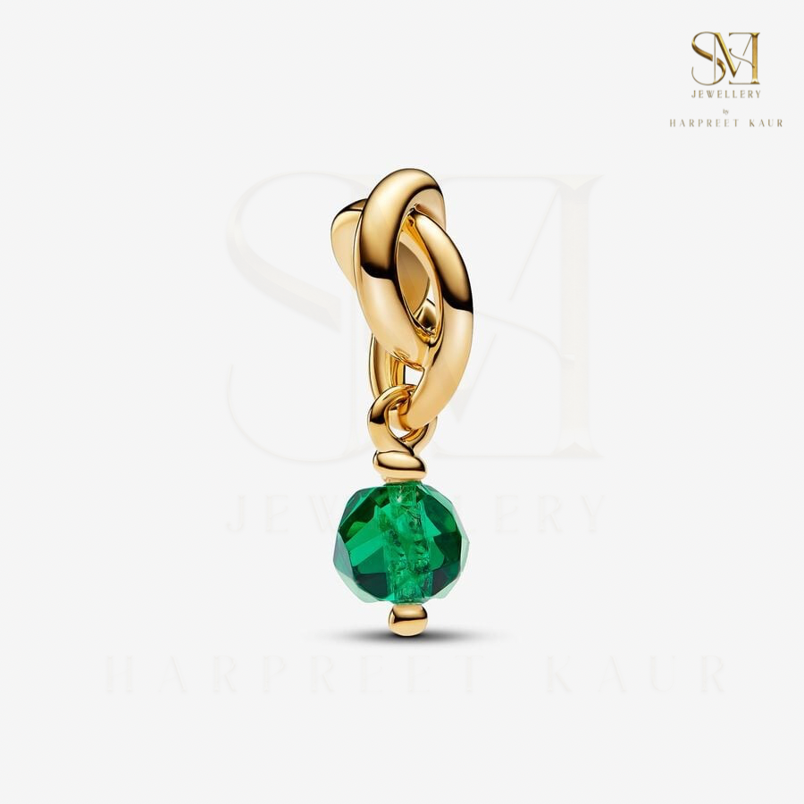 The May Birthstone Eternity Circle Dangle Charm features an elegant design with a rich green emerald or similar stone representing the May birthstone. It is crafted to symbolize eternal love,