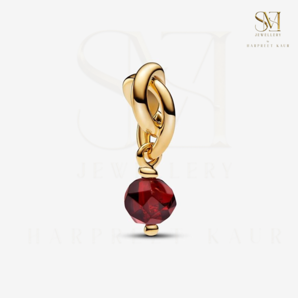Start the year with elegance—our January Birthstone Eternity Circle Dangle Charm features a deep red gemstone, symbolizing love and strength, encased in a golden loop design.”