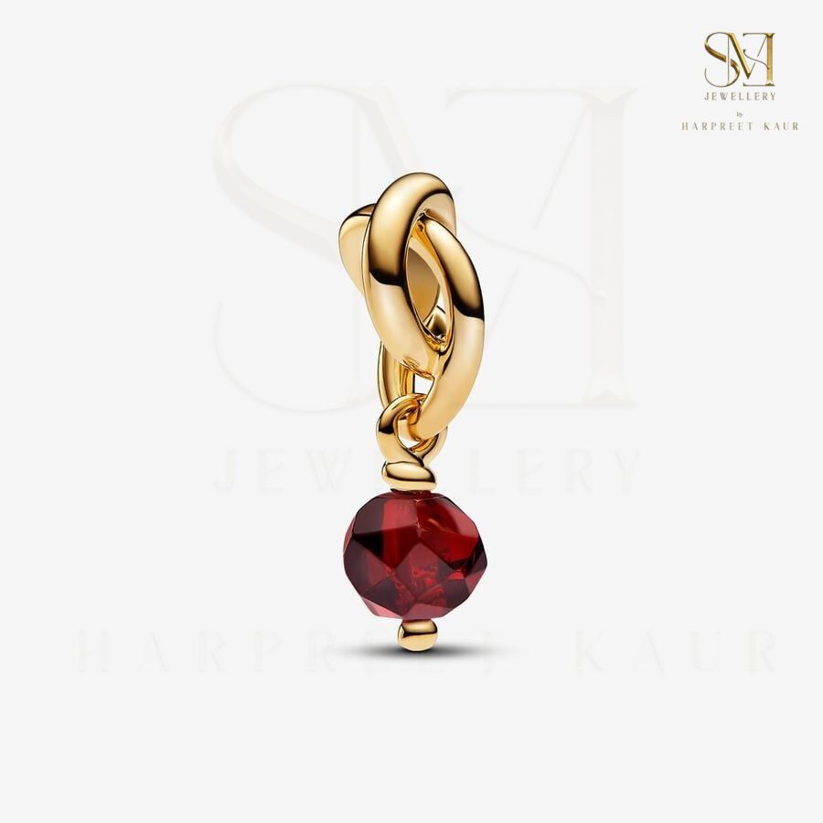 Start the year with elegance—our January Birthstone Eternity Circle Dangle Charm features a deep red gemstone, symbolizing love and strength, encased in a golden loop design.”