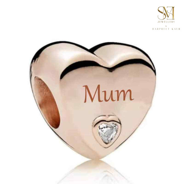 Celebrate your loved ones with our heartfelt charms – beautifully designed heart-shaped pieces with a sparkling stone, each engraved with names like ‘Mum,’ ‘Wife,’ ‘Sister,’ and ‘Grandma’ to cherish those special bonds.