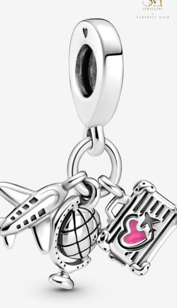 Explore the world in style with our travel charm – featuring a silver airplane, globe, and suitcase with a heart, perfect for the wanderer at heart.